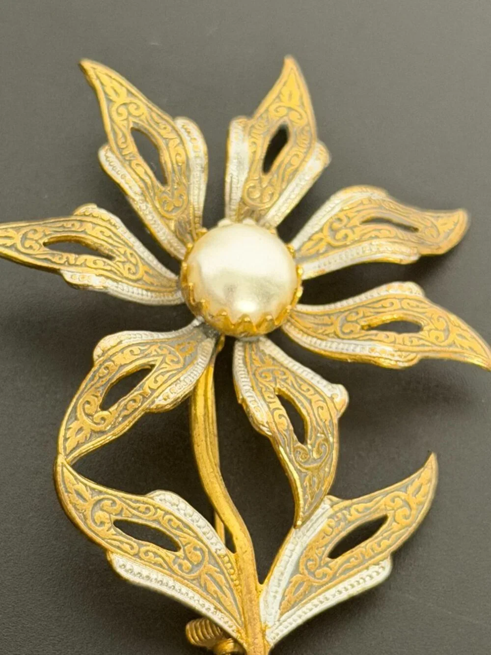 Set Of 2 Damascene Made in Spain Brooch Pins Flower Flying Fish Gold Black White